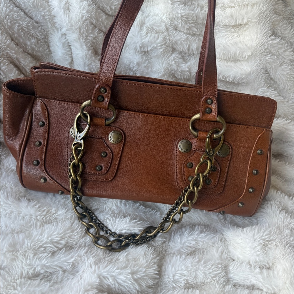 ‘Y2K’ Stuart Weitzman Brown Leather Shoulder Bag with Chain Bag Charm